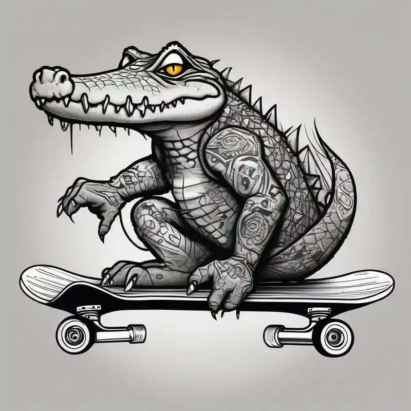 crocodile riding a skateboard with piercings and tattoos floral sleeve tattoo – Black and White, Vibrant color